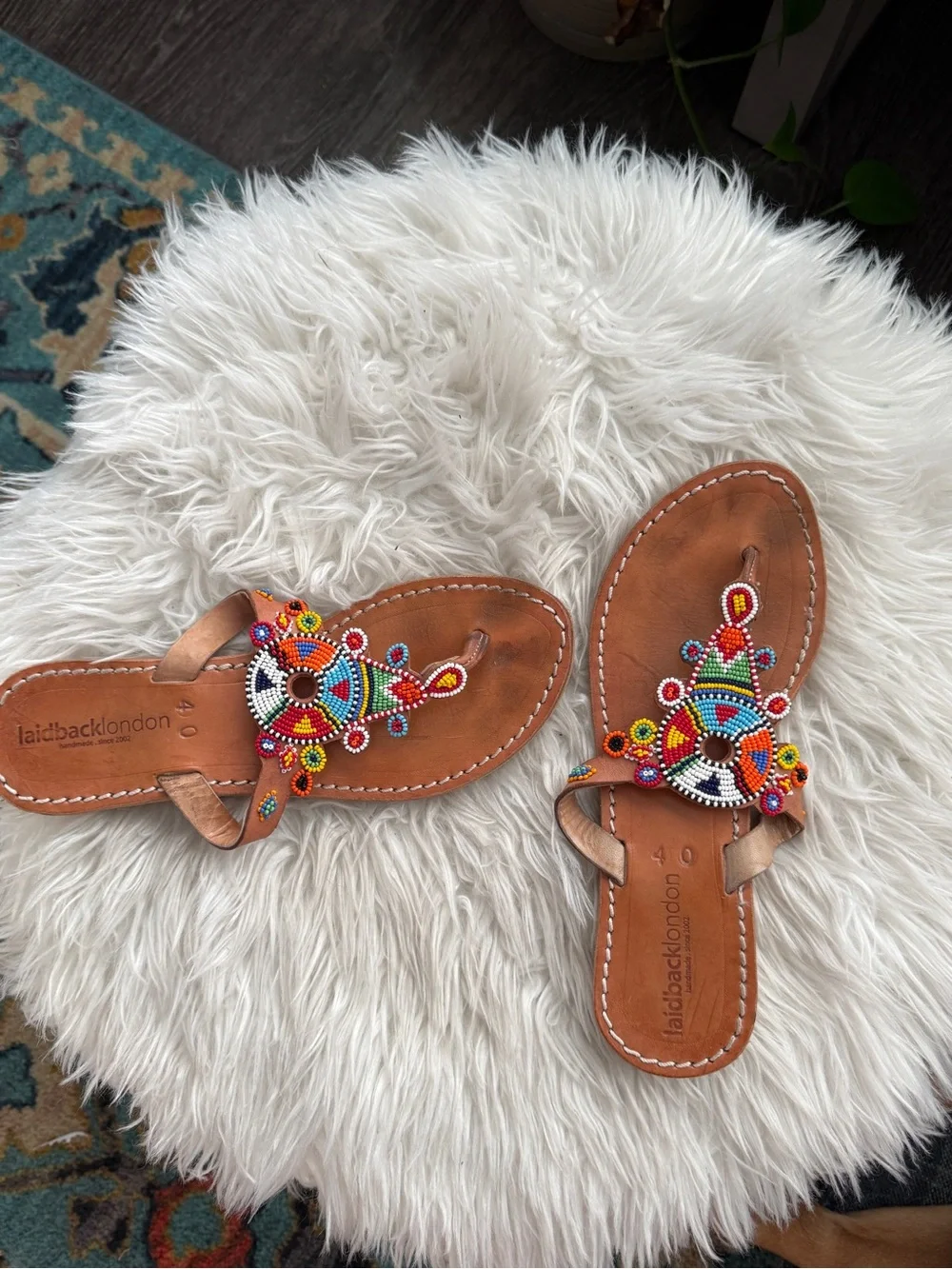 Handmade Tan Leather Clutch with Colorful Beaded Accent